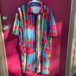 Vintage muo muo terry cloth Colorful Striped Floral Zip-Up chill hang out dress